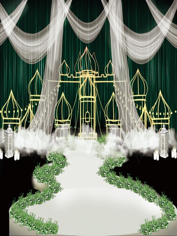 梦幻墨绿帷幔城堡云朵婚礼设计效果图
