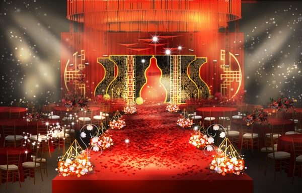 红色中式喜庆婚礼效果图设计