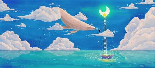 海深时见鲸治愈系插画