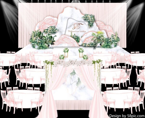 创意个性几何造型粉白色婚礼仪式区