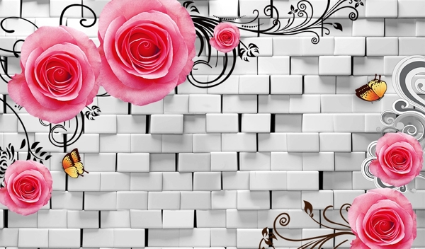 3D砖墙玫瑰背景墙分层