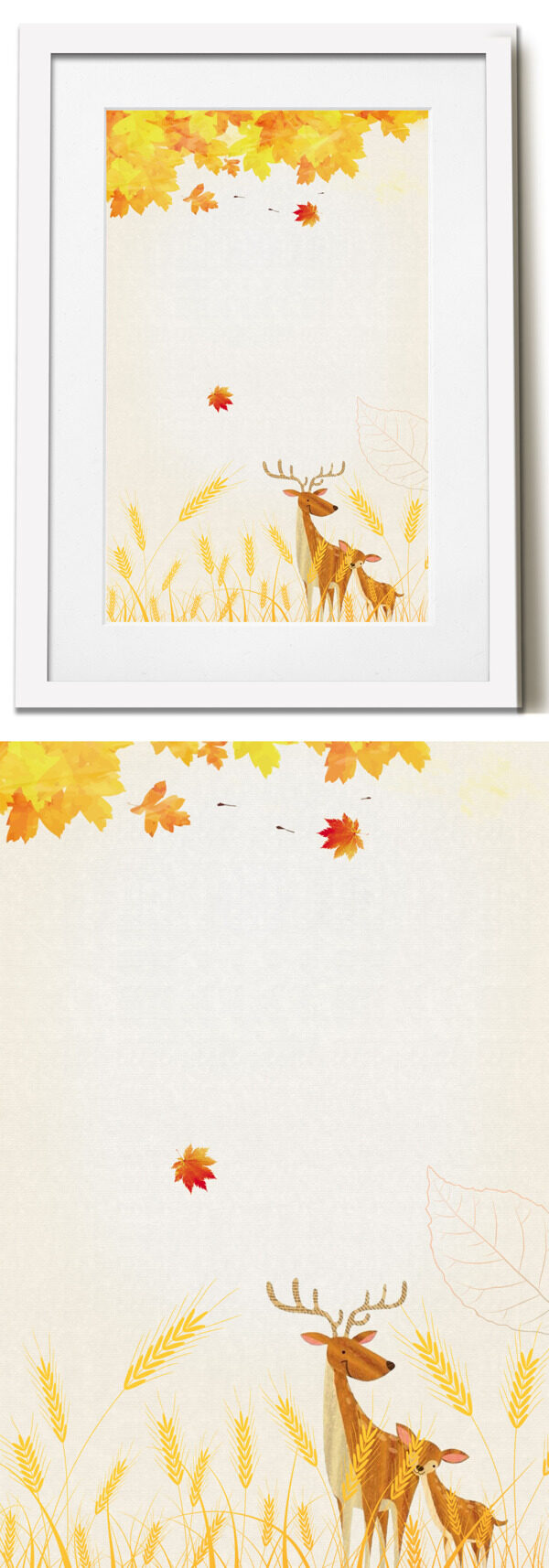 秋季麦田温馨可爱的鹿妈妈和孩子客厅装饰画