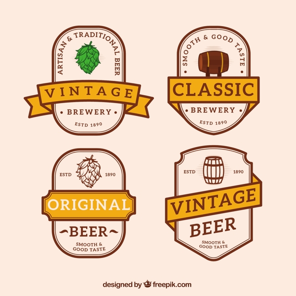 复古风格啤酒标签与橙色丝带矢量素材