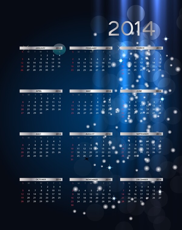 蓝色唯美的2014年日历