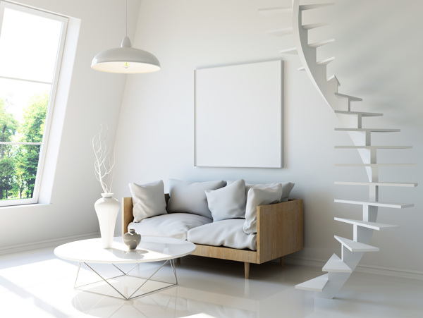 客厅的沙发与旋转楼梯渲染效果图