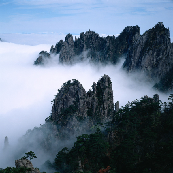 高山悬崖绿树景色图片