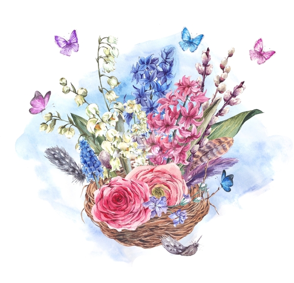 手绘水彩花朵花束png素材图片
