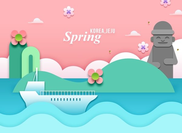 创意韩式春天主题卡通立体花朵建筑海报