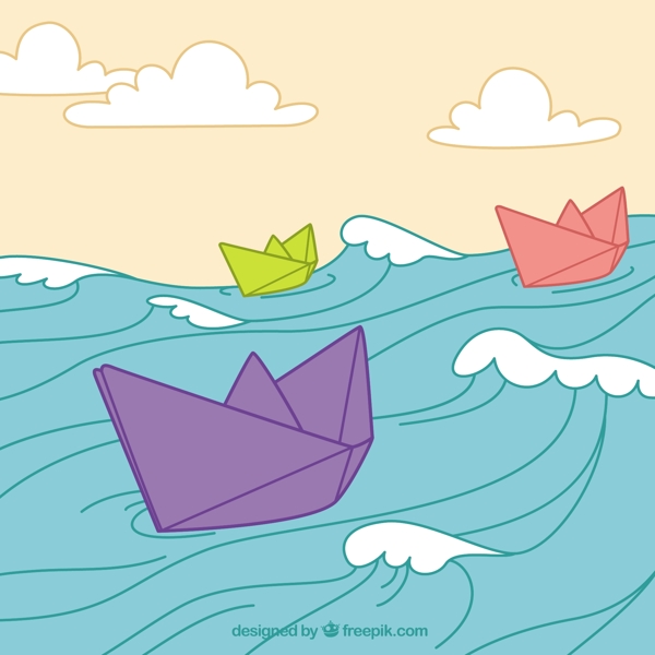 彩色手绘纸船大海背景