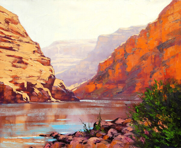 油画峡谷河流图片