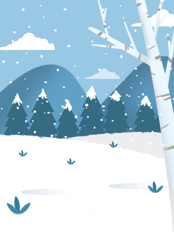 蓝色清新圣诞雪地插画背景