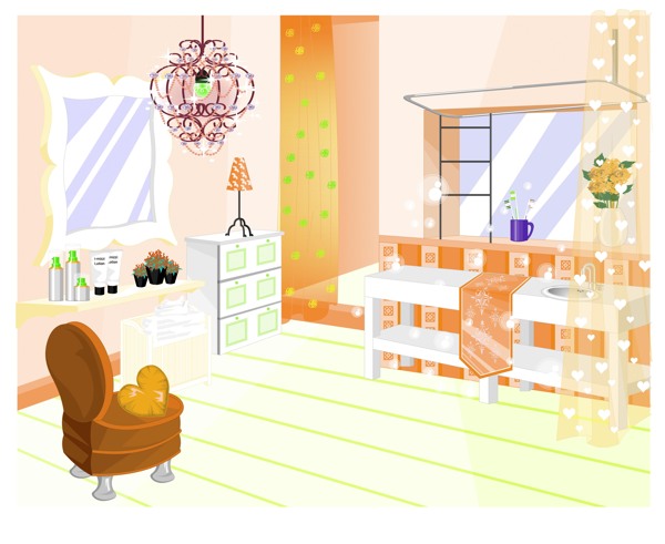 卡通少女橙色房间装饰插画