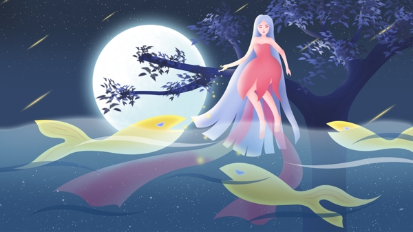 深夜月光里海上喂鱼的小仙女