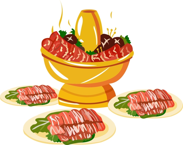 手绘美食红红火火羊肉火锅铜锅涮肉