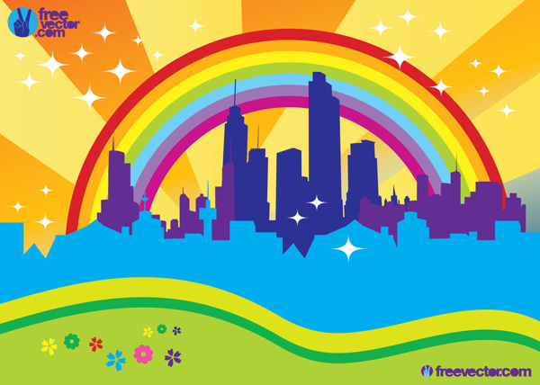 城市天际的彩虹背景