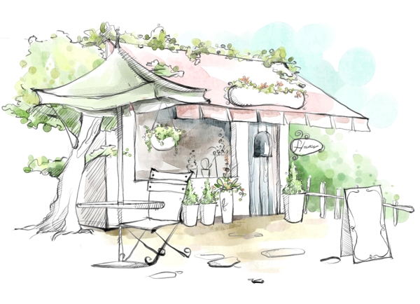 HanMaker韩国设计素材库背景淡彩色调意境绘画风格房屋