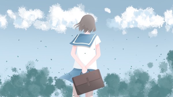 日系小清新插画开学季拿着书包的校服女孩
