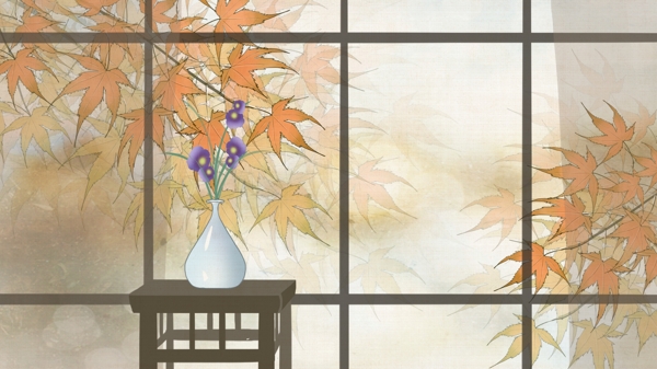 室内桌子上的花瓶窗外枫叶背景
