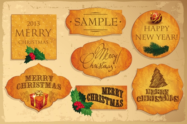 圣诞老人的礼物和神圣的圣诞树圣诞装饰元素标签丝带矢量标签贴纸收集
