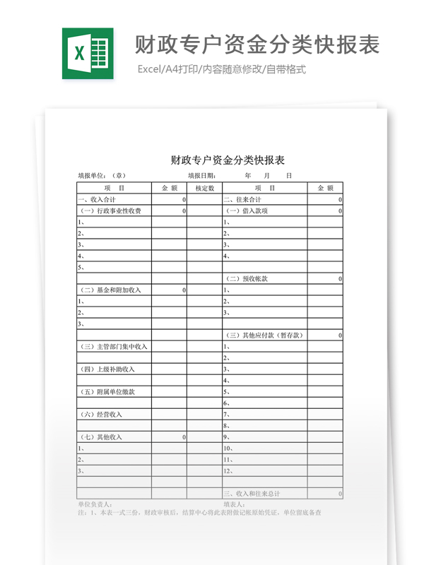 财政专户资金分类快报表