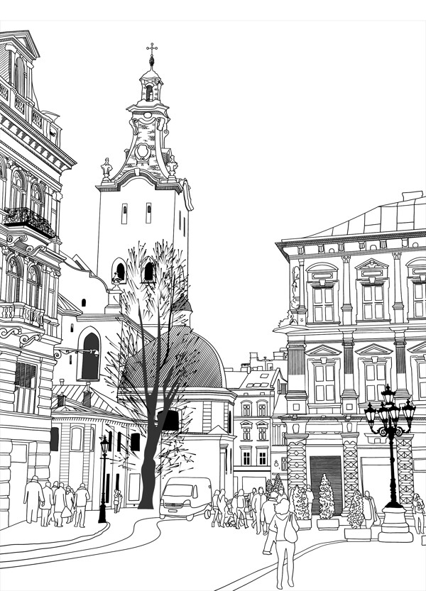 素描城市铅笔画图片