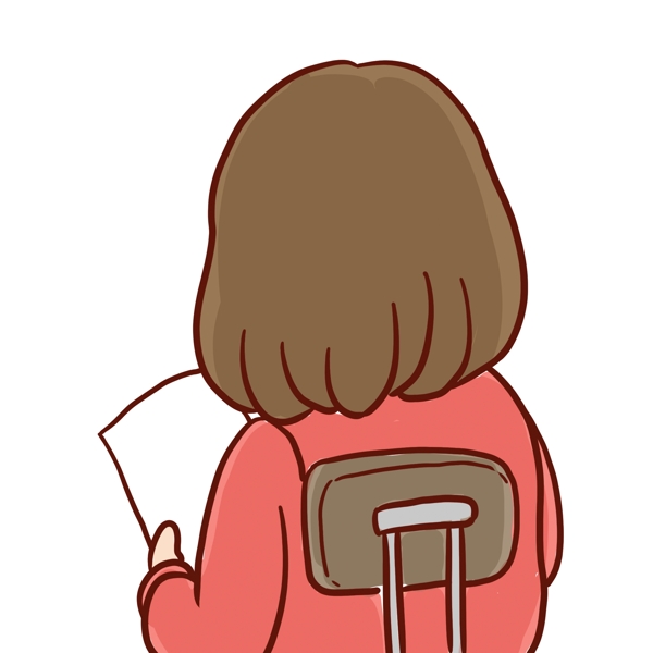 卡通手绘坐在椅子上看纸的女孩背影设计