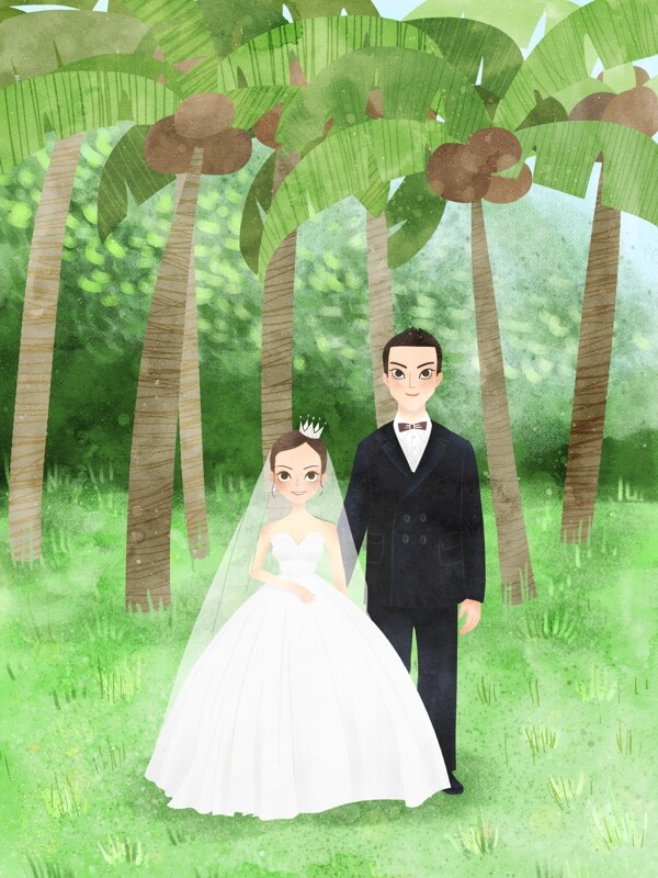 温馨浪漫婚礼椰子树场景插画