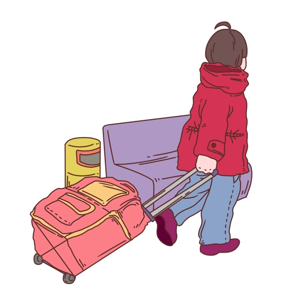 手绘拉着行李箱人物插画