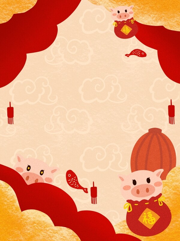 手绘红色大气猪年新春背景设计
