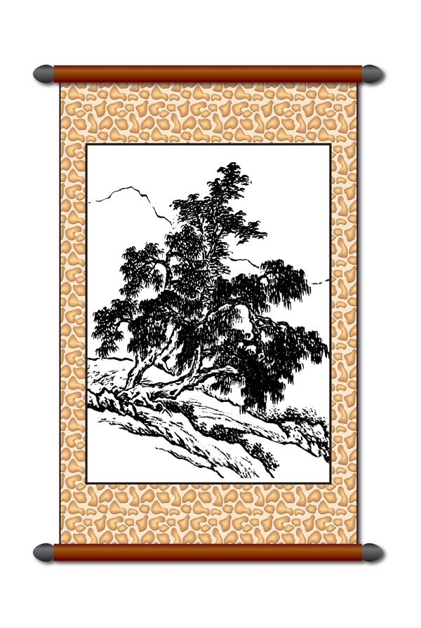 白描大树卷轴装饰画
