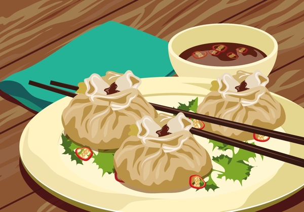 中式食物饺子矢量插画