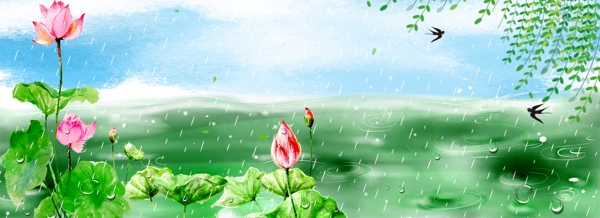 卡通绿色24节气雨水海报banner