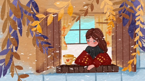 国际儿童日女孩在窗口看雪景可爱插画