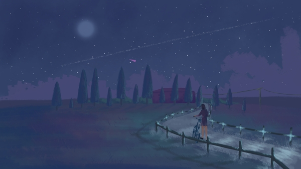 有点孤独夜色走小路眺望天空的人插画