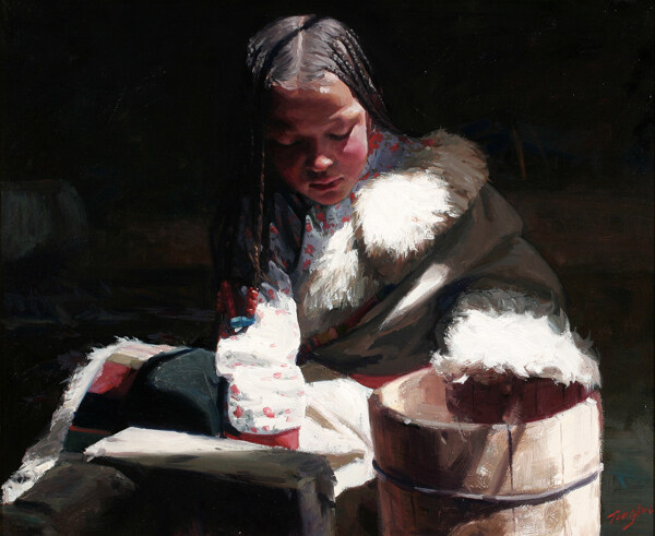 舀水的藏族女孩油画肖像图片