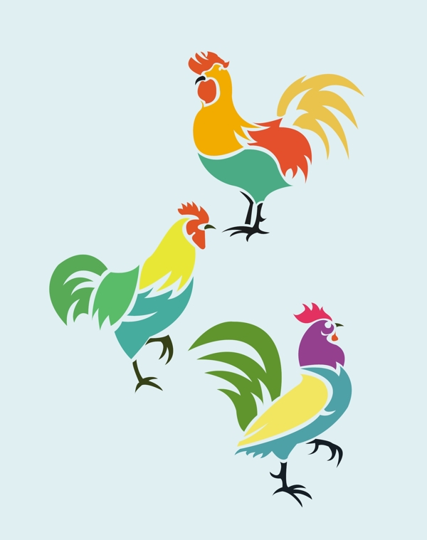 公鸡图纸设计与色彩斑斓的轮廓自由向量