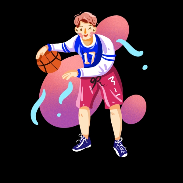 正在打篮球的男孩手绘韩系插画风png免抠素材