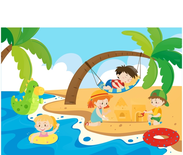 卡通儿童节在海边的孩子