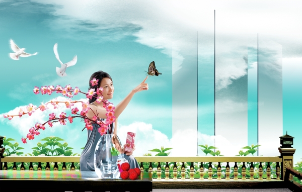 时尚广告美女PSD分层素材花草白鸽广告人物美女蝴蝶