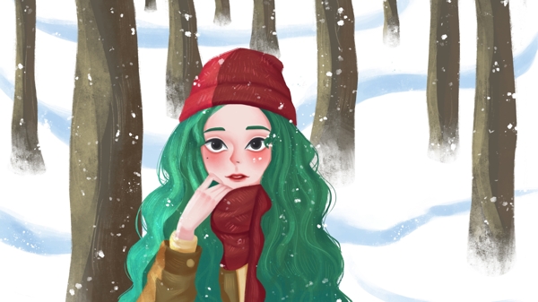 唯美文艺梦幻冬季下雪天的女孩和树林
