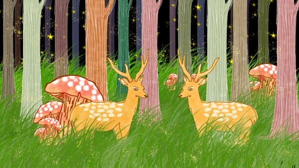 小鹿们晚上在森林里嬉戏插画