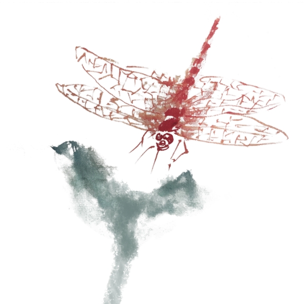 水墨蜻蜓立在荷叶上手绘插画