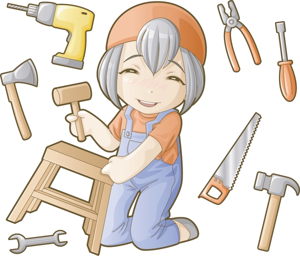 可爱木工女孩和工具矢量素材