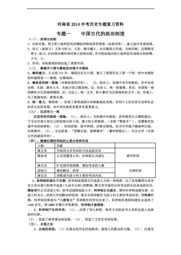 中考专区历史河南省2016年中考专题复习中国古代的政治制度