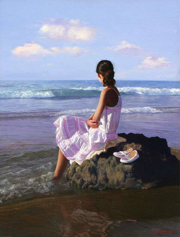 坐在海边的美女油画写生图片