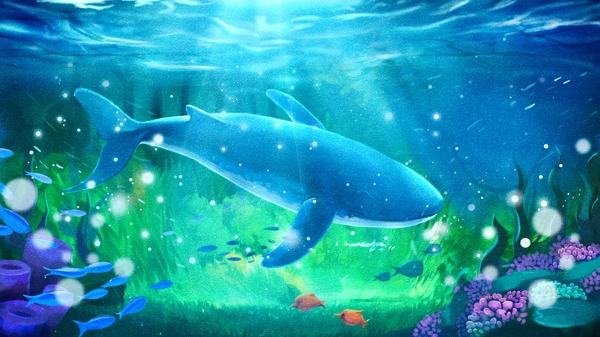梦幻唯美鲸鱼治愈系海蓝时见鲸插画