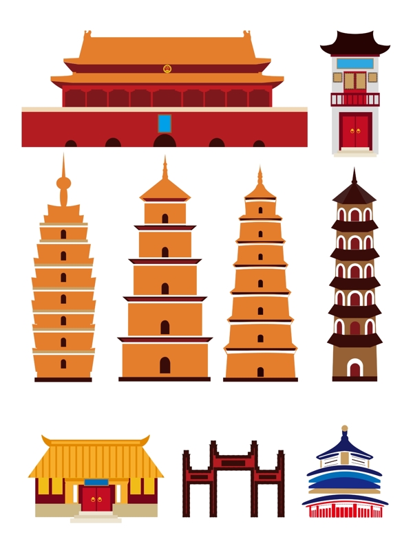 中国古代建筑物矢量手绘风装饰背景套图