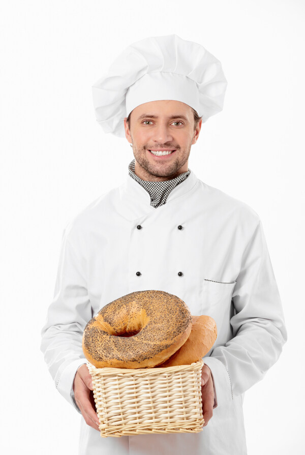 抱着面包篮筐的厨师图片