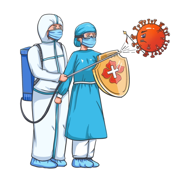 医护人员战胜病毒卡通可爱手绘