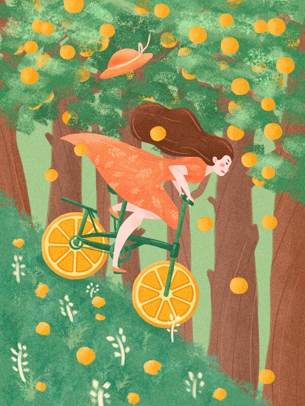创意水果小清新扁平噪点插画自行车踏青橘子